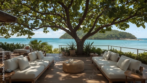 Cozy tropical terrace by the sea with island view
