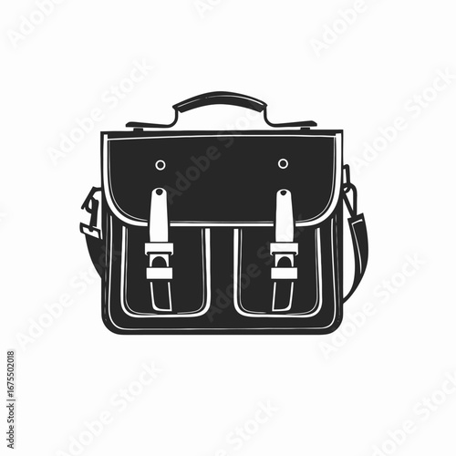 Stylish leather satchel bag in elegant dark monochrome flat vector silhouette