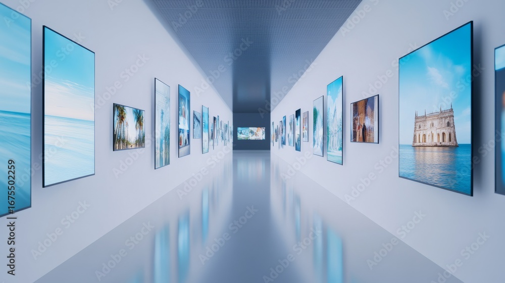 Fototapeta premium Art Gallery Hallway with Displayed Pictures, Art ,Modern