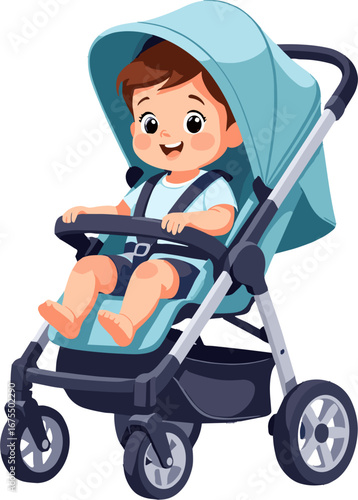 Smiling Baby Boy Sitting Blue Stroller Toddler Transportation