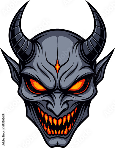 Demonic Horned Monster Head Fiery Eyes Horror Mascot Logo