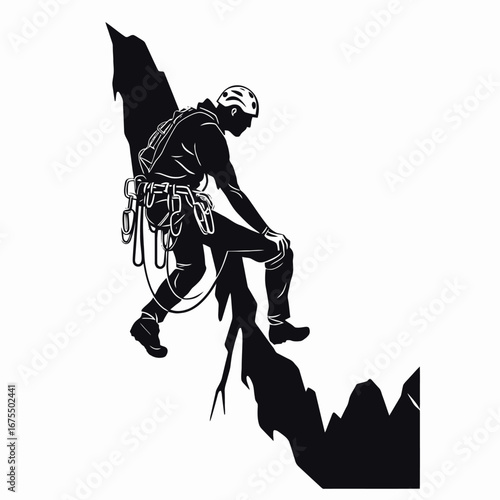 Bold mountain climber ascending a rock face in striking silhouette