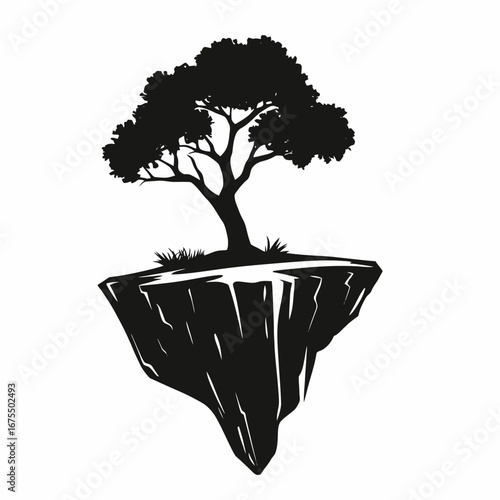 Floating island with tree, a minimalist fantasy landscape, dark vector silhouette