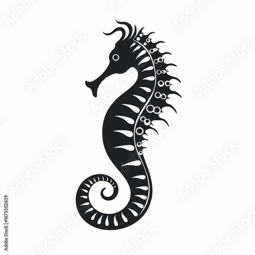 Elegant stylized seahorse with intricate details in stark black silhouette