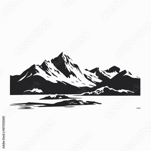 Majestic mountain range near a lake depicted in striking black silhouette