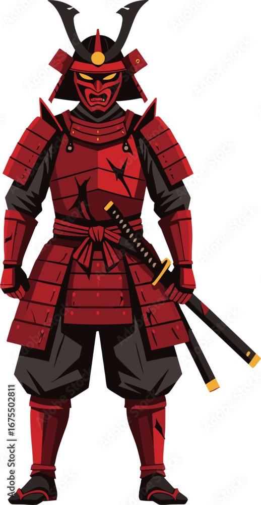 Obraz premium Red Samurai Warrior Armor Standing With Katana Sword