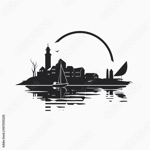 Serene coastal town vector art with a boat sailing landscape silhouette
