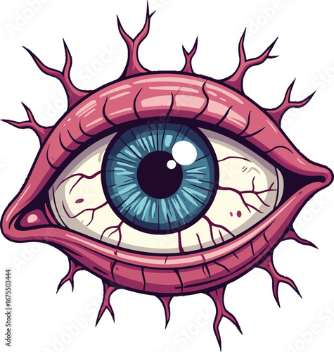 Blue Human Eye With Red Veins And Eyelashes Horror Concept