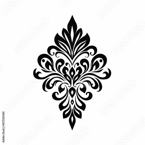 Ornate diamond shape floral baroque pattern with organic swirls and leaf silhouette