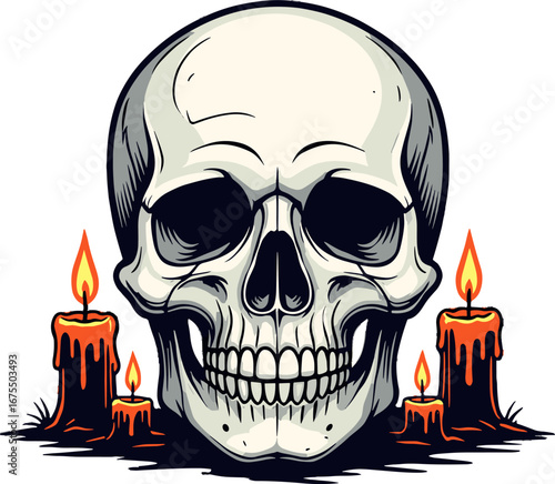 Human Skull With Burning Candles Halloween Decoration
