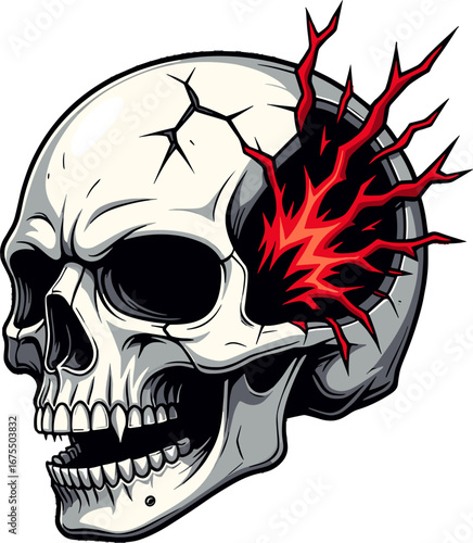 Cracked Skull With Red Lightning Burst Horror Tattoo Print