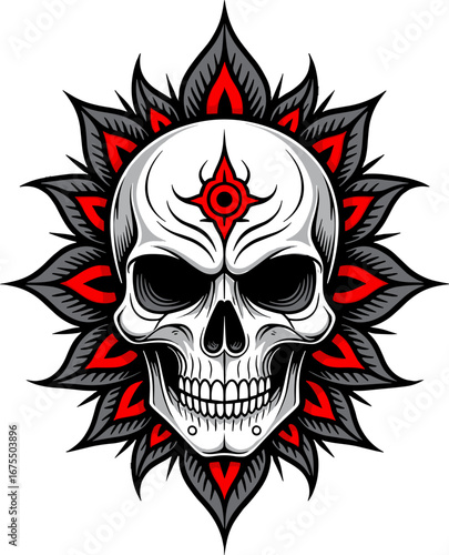 Skull with Red Black Tribal Sun Mandala Tattoo Art