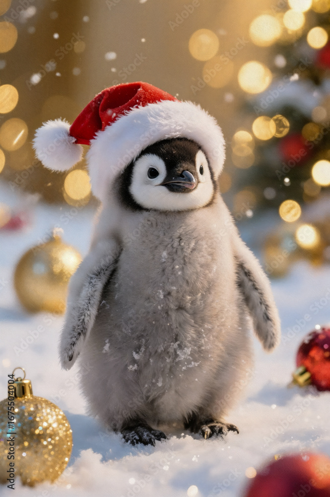 Obraz premium Adorable baby penguin in santa hat among festive christmas ornaments