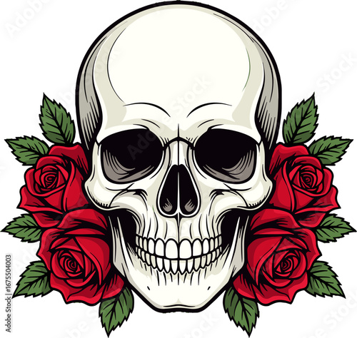 Human Skull with Red Roses Tattoo Style Floral Decoration