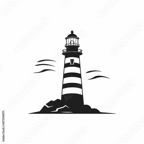 Striking striped lighthouse standing proudly against the ocean, a coastal silhouette