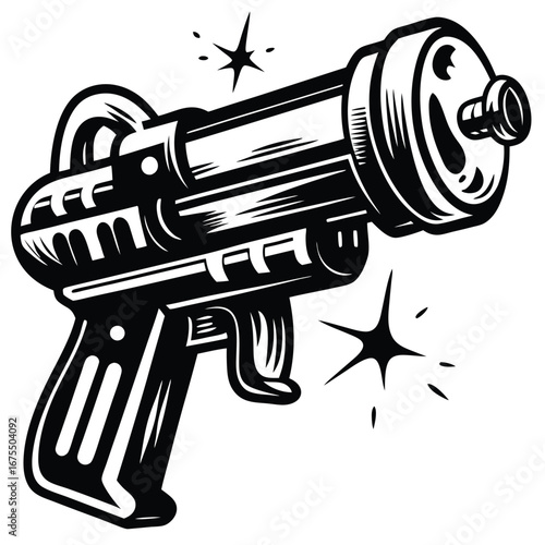 Futuristic Blaster Vector, SciFi Handgun Silhouette, Alien Weapon on White Background