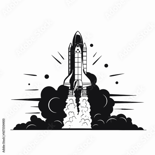 Majestic space shuttle launching powerfully, conveying technological advancement in clean silhouette