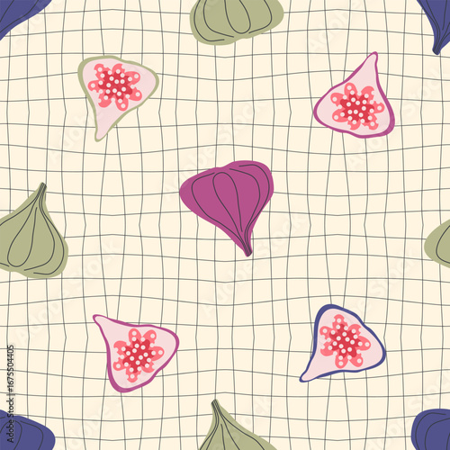 Groovy style figs seamless pattern on grid distorted background. Aesthetic print for fabric, paper, textile. Hand drawn geometric vector illustration.