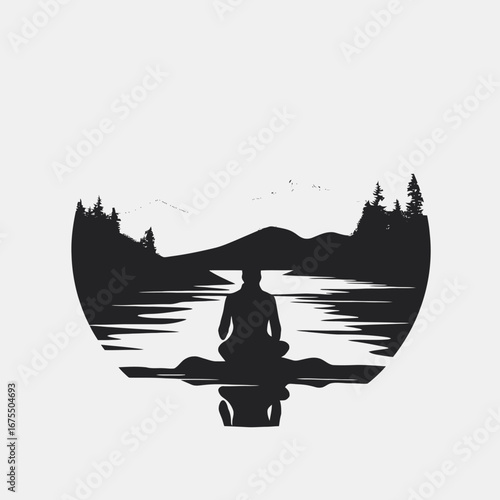 Serene meditation by the lake with mountain scenery artistic vector silhouette