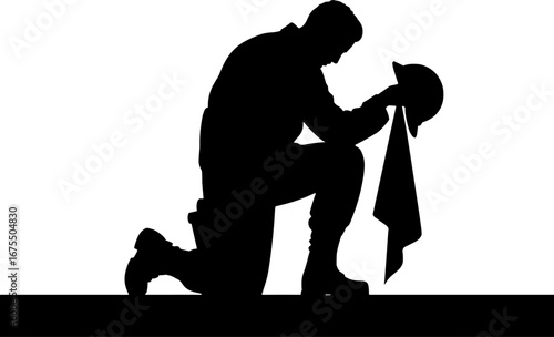 Soldier Silhouette Kneeling with Hat and Flag Memorial Tribute