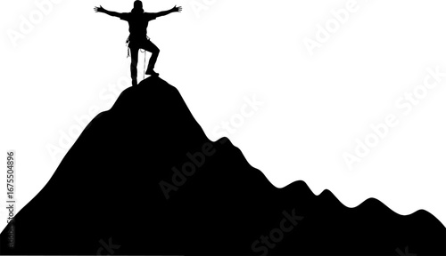 Silhouette of Climber Celebrating on Mountain Summit with Open Arms