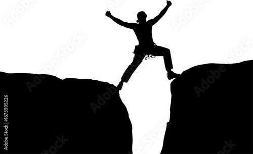 Silhouette of Climber Overcoming a Gap in a Mountain Landscape