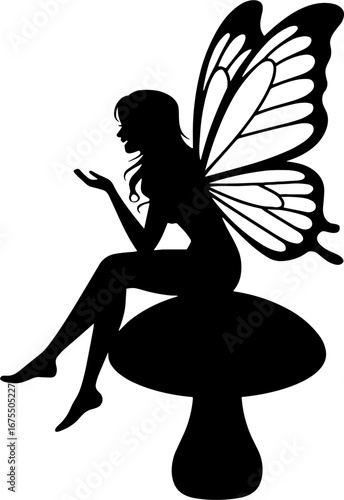 Elegant Fairy Sitting on Mushroom with Delicate Butterfly Wings