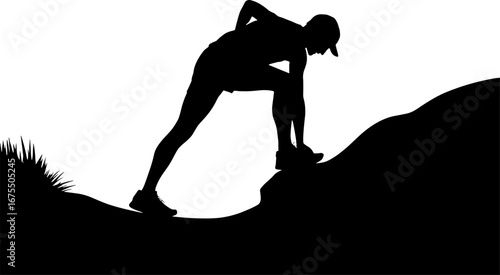Athlete Tying Running Shoe Silhouette Mountain Climb Adventure