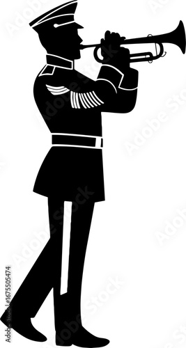 Military Band Trumpeter Silhouette in Uniform Playing Horn