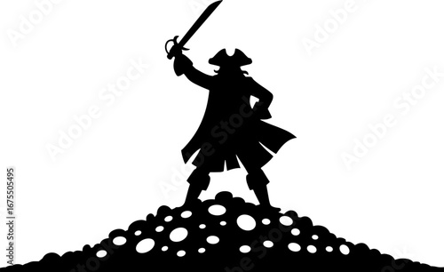 Bold Pirate Commanding Treasure with Sword in Victory Pose