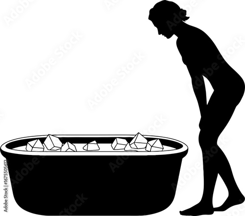 Silhouette of Person Preparing for Ice Bath Therapy in Tub