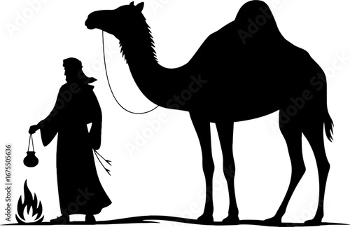 Silhouette of a Bedouin Man with Camel and Fire in Desert Setting