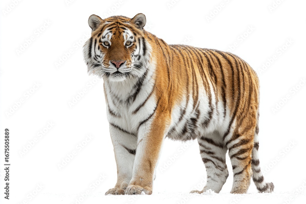 Fototapeta premium Full shot of a tiger, standing alert against white background