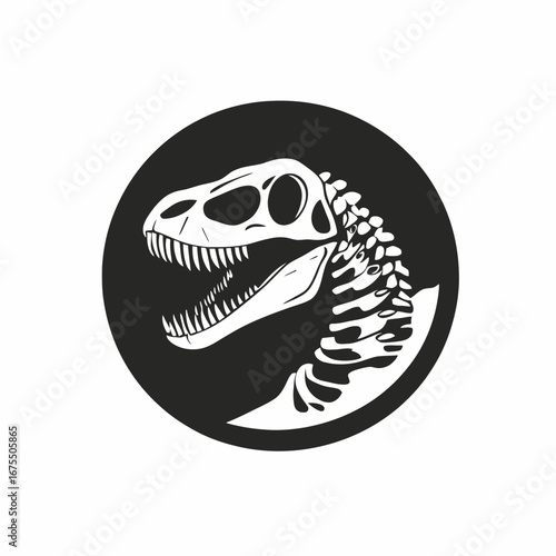 Imposing t-rex fossil skull on dark, paleontological background, bold dinosaur silhouette