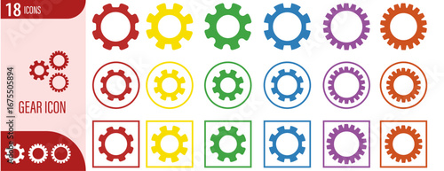 Colorful gear icons set with cogwheel symbols, settings, tools, machinery, technology, engineering, mechanical parts, outline design, vector illustration