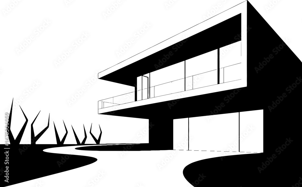 Naklejka premium Modern Architectural Home Design with Minimalist Landscape