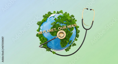 A globe with trees and the words our planet our health with a stethoscope around it on a light background