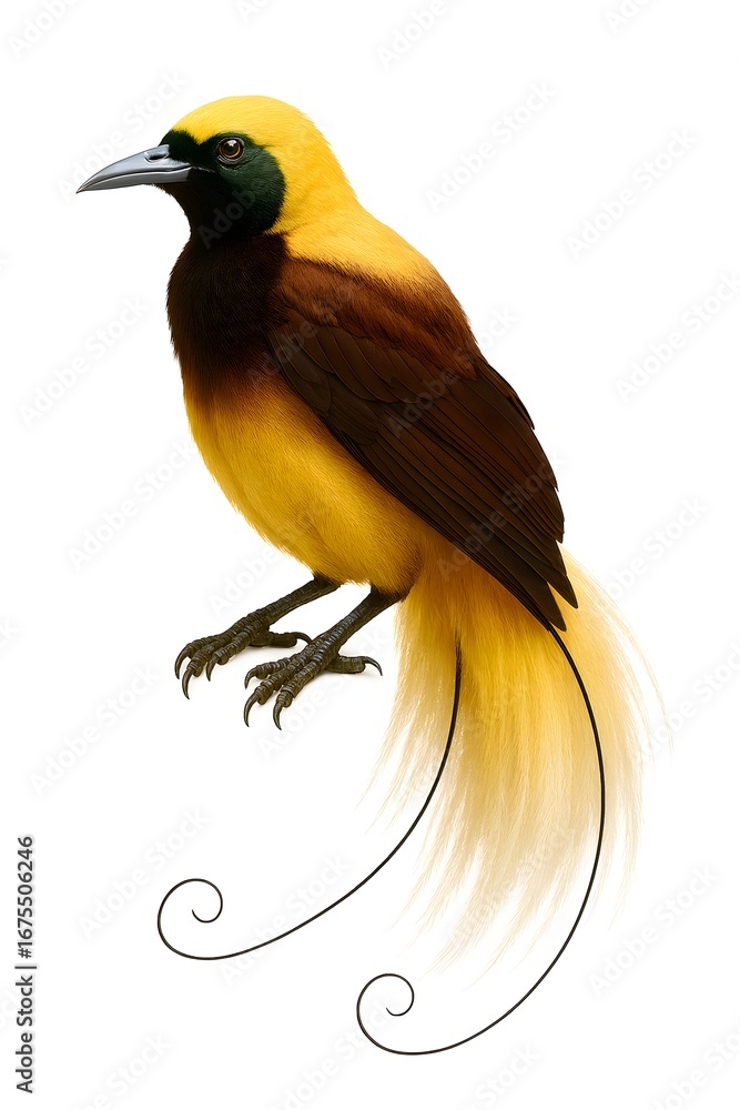 Fototapeta premium Exotic tropical Bird-of-Paradise with brilliant golden plumage and ornate tail, a realistic scientific illustration isolated on white
