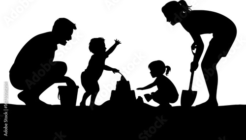 Family Silhouette Building Sandcastle Together Fun Beach Scene