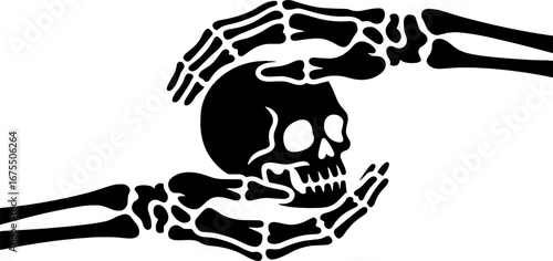 Intricate Skeleton Hands Cradling Skull Design for Tattoos and Art