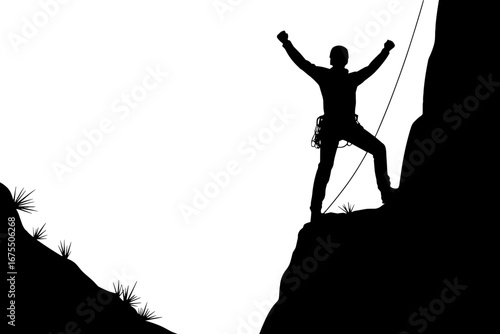 Climber Celebrating Victory on Mountain Peak Silhouette Design