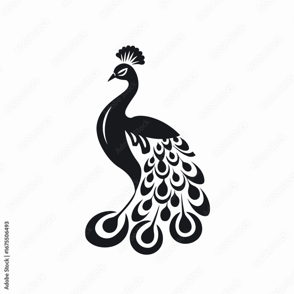 Fototapeta premium Elegant majestic peacock with patterned tail feathers in simple black silhouette