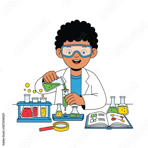 A young scientist in a lab coat is conducting a science experiment with beakers and test tubes.
