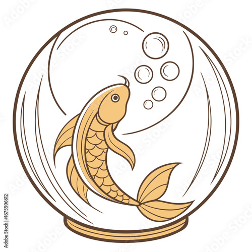Illustration of a goldfish in a bowl with bubbles, a cute and decorative pet, perfect for a vintage or retro design project