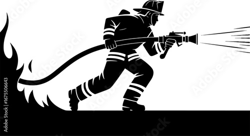 Dynamic Firefighter Silhouette Extinguishing Flames with Hose