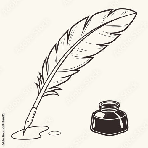 Illustration of a quill pen with inkwell, , evoking a sense of classic writing and vintage elegance for creative projects