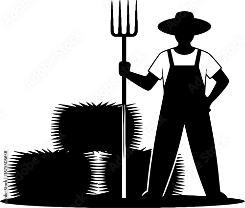 Silhouette Farmer with Pitchfork and Hay Bales for Agricultural Design