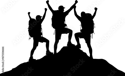 Triumphant Hikers Celebrating Mountain Summit Silhouette Design