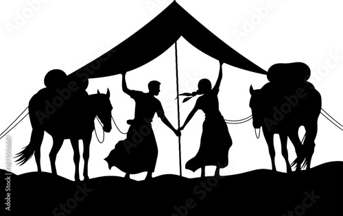 Silhouette of Two Figures Holding Tent with Horses in Desert Setting