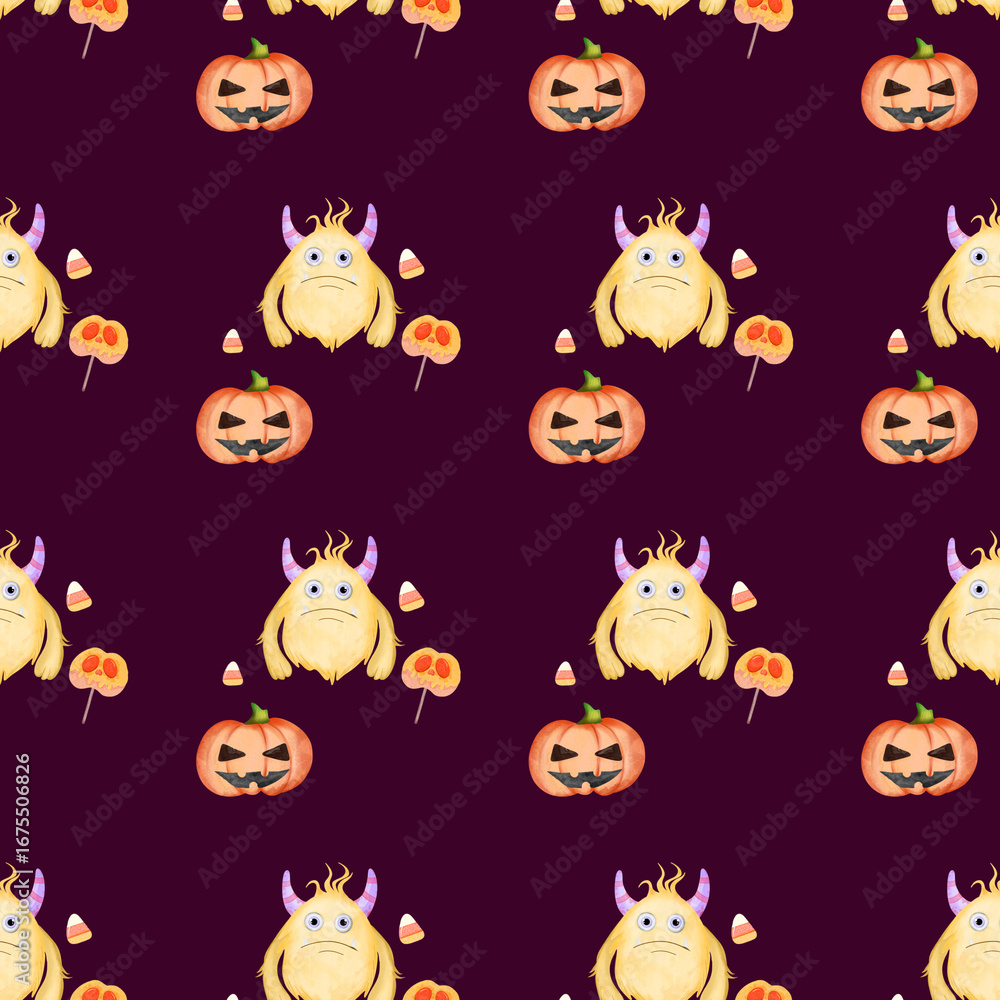Fototapeta premium Colorful Halloween-themed pattern featuring cartoon monsters, pumpkins, and candy on a dark background